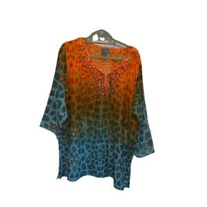 Aqua Blue Sz 3X Swim Coverup Embroidered Animal Print NWOT